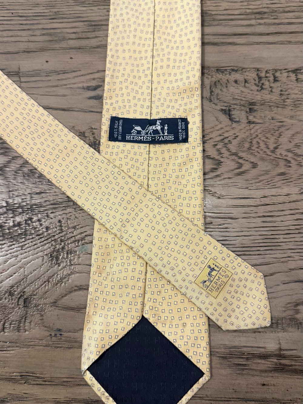 Hermes Yellow Silk Geometric Square Tie
